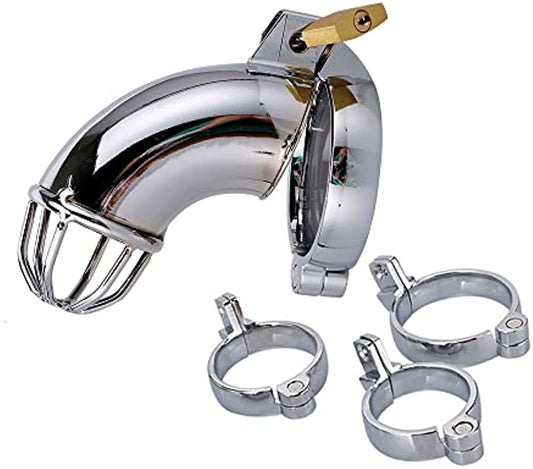 Silver Male Chastity Cage, 3 Rings + Lock & Keys