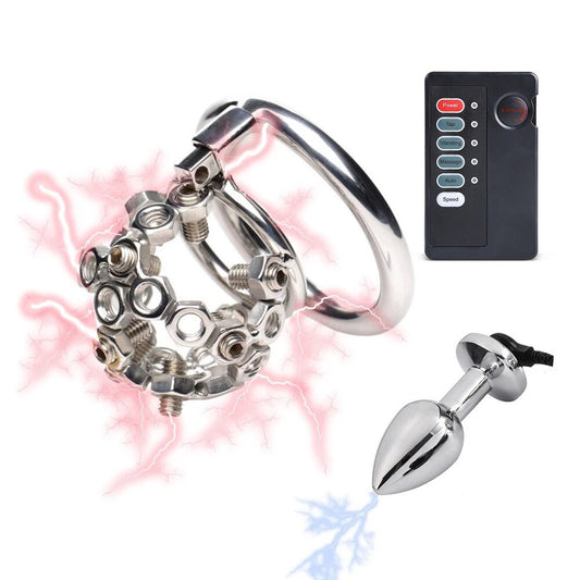Electric Shock Stainless Steel Penis Lock Chastity Cage - Metal Cage