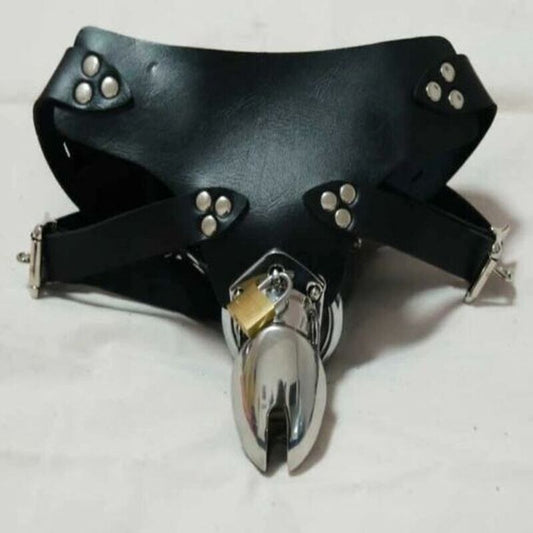 PU Leather Chastity Pant - Male Metal Chastity Cage Device
